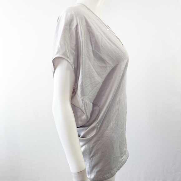 Helmut Lang Top Light Gray V-Neck Satin Short Sleeve Blouse Size S Draped Back - Picture 3 of 9